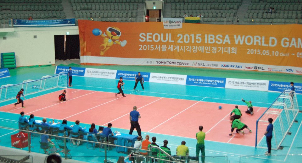 男子予選リーグでリトアニアと対戦中の日本チーム(左)=2015年5月14日/Jangchung Gymnasium/撮影:星野恭子